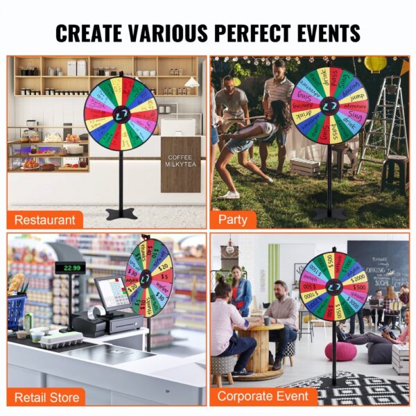 VEVOR spinning prize wheel in restaurant, party, retail store, and corporate event settings.