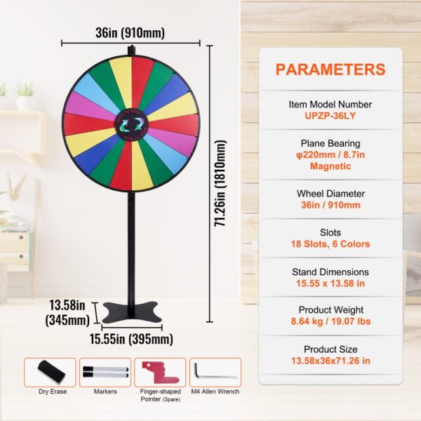 VEVOR spinning prize wheel with 18 colorful slots, 36-inch diameter, and adjustable stand.