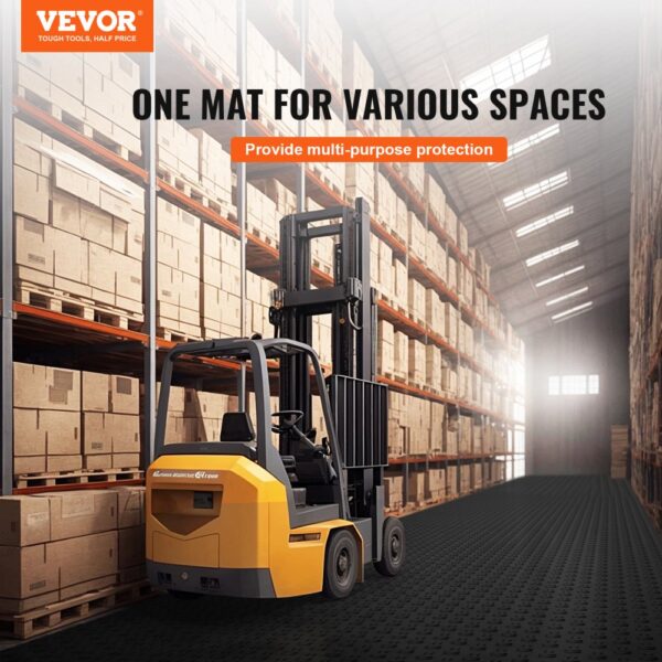 forklift in a warehouse with VEVOR garage tiles, providing versatile protection for various spaces.