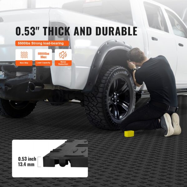 white truck on durable VEVOR garage tiles with non-slip, noise reduction, and 5500 lbs load capacity.