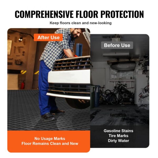 VEVOR garage tiles offer comprehensive floor protection, keeping floors clean and new.