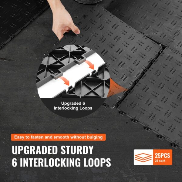 assembling VEVOR garage tiles with upgraded 6 interlocking loops for a smooth, bulge-free finish.