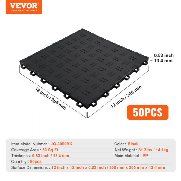 VEVOR garage tiles, black, 12"x12"x0.53", 50 pack, durable and easy-to-install floor tiles.