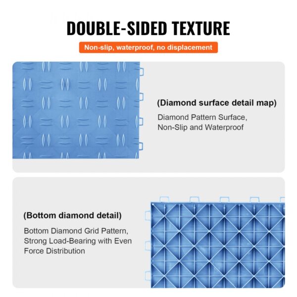 double-sided blue VEVOR garage tiles, non-slip, waterproof, with diamond pattern surface and strong base.