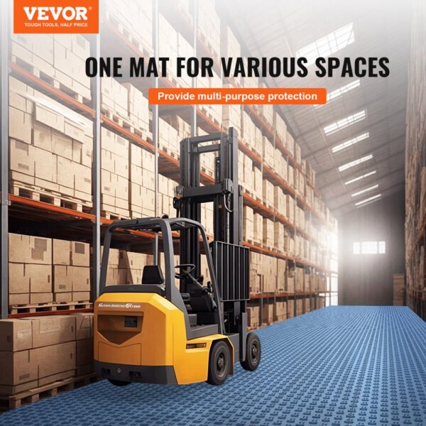 forklift in warehouse aisle with VEVOR garage tiles, surrounded by stacked cardboard boxes.