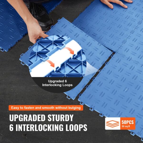 hand installing blue VEVOR garage tiles with upgraded 6 interlocking loops, shown in close-up.