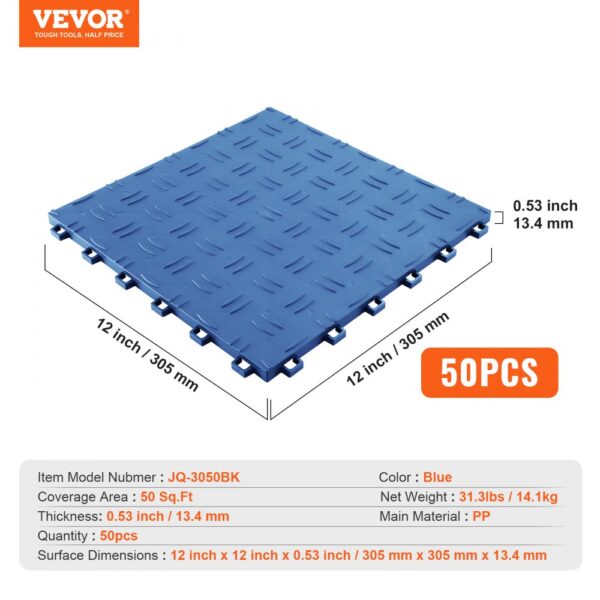 VEVOR garage tiles, blue, 50pcs set, 12x12 inch, 0.53 inch thick, 50 sq. ft coverage, model jq-3050bk.