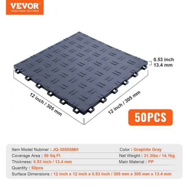 VEVOR garage tiles, 12"x12", graphite gray, 50pcs, pp, 0.53" thick, 50 sq.ft coverage.