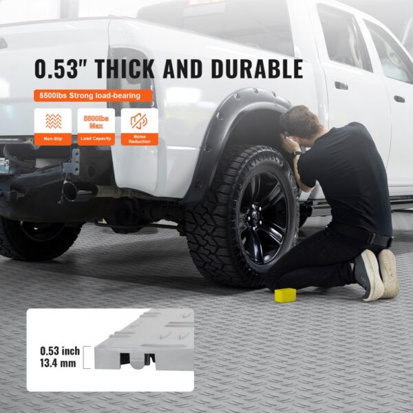 VEVOR garage tiles: 0.53" thick, non-slip, 5500lbs load capacity, noise reduction, durable flooring.