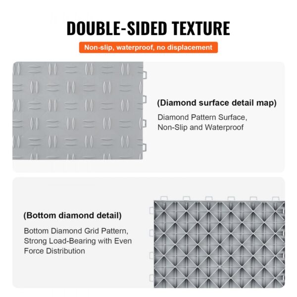 double-sided VEVOR garage tiles displaying diamond patterns, non-slip, waterproof, and strong load-bearing.