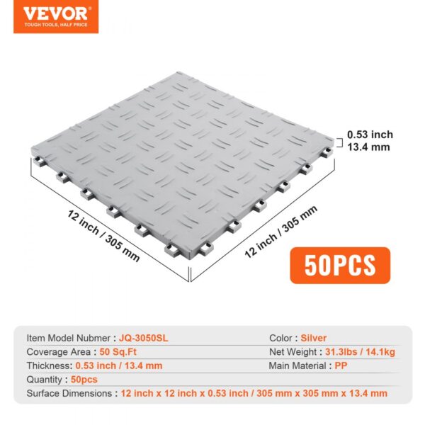 VEVOR garage tiles, silver, 12x12 inches, 50pcs, thickness 0.53 inch, coverage area 50 sq.ft.