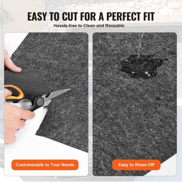 scissors cutting the VEVOR waterproof garage floor mat, with water pouring and customizable to your needs.