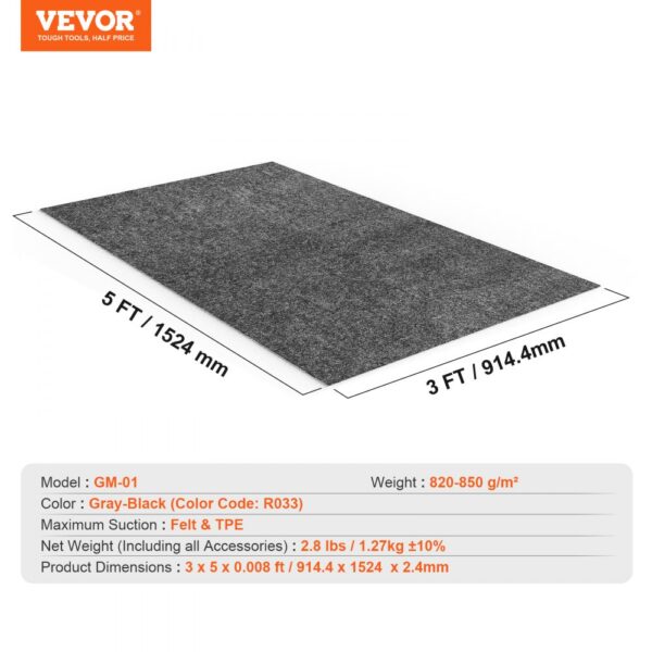 VEVOR waterproof garage floor mat, gray-black, 3x5 ft, felt & tpe, gm-01 model, weight 2.8 lbs.