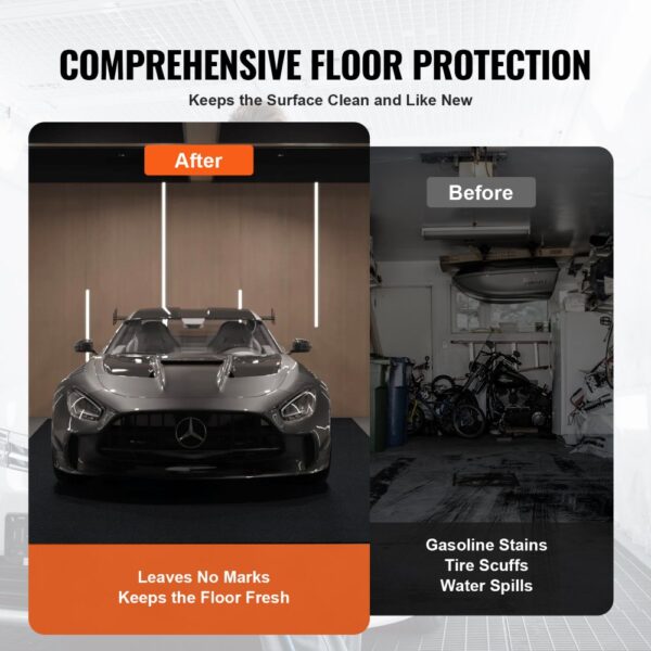 VEVOR waterproof garage floor mat: after picture shows a clean floor and before picture shows a dirty floor.