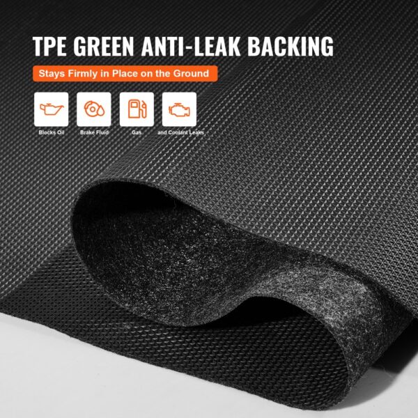 tpe green anti-leak backing of VEVOR waterproof garage floor mat showcasing block oil, brake fluid, gas.