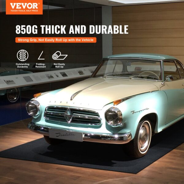 classic car displayed on VEVOR garage floor mat emphasizing its 850g thickness and durability.