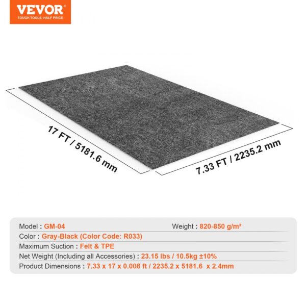 VEVOR garage floor mat, gray-black, 7.33 x 17 ft, felt and tpe, model gm-04.