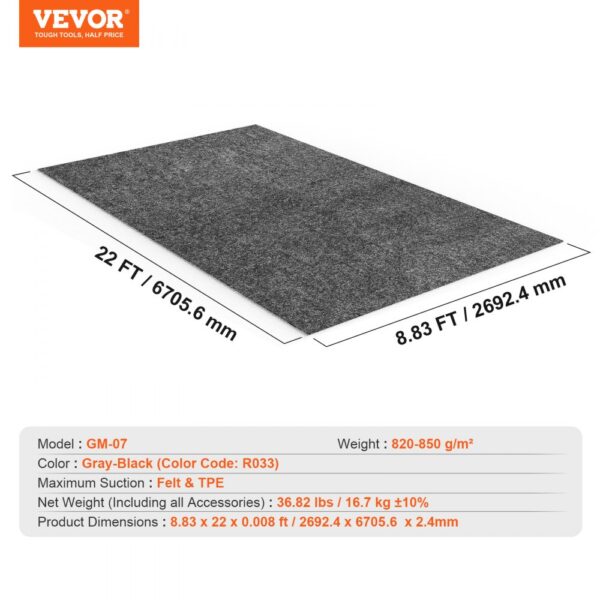 VEVOR garage floor mat, gray-black, measuring 22x8.83 ft, made from felt and tpe.