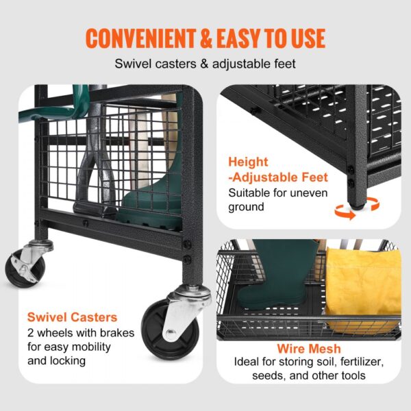 VEVOR garden tool organizer with swivel casters, adjustable feet, and wire mesh storage for tools.