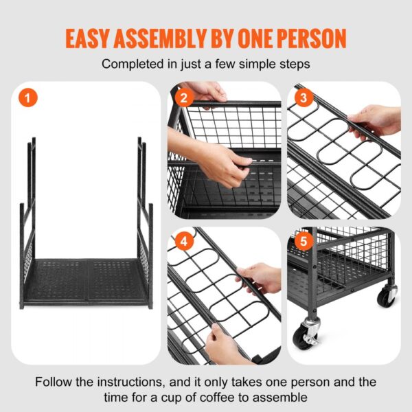 easy assembly guide for VEVOR garden tool organizer, steps including hands assembling black metal parts.