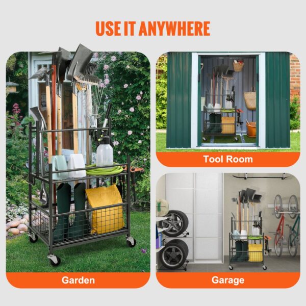 VEVOR garden tool organizer displayed in garden, tool room, and garage settings with gardening tools.