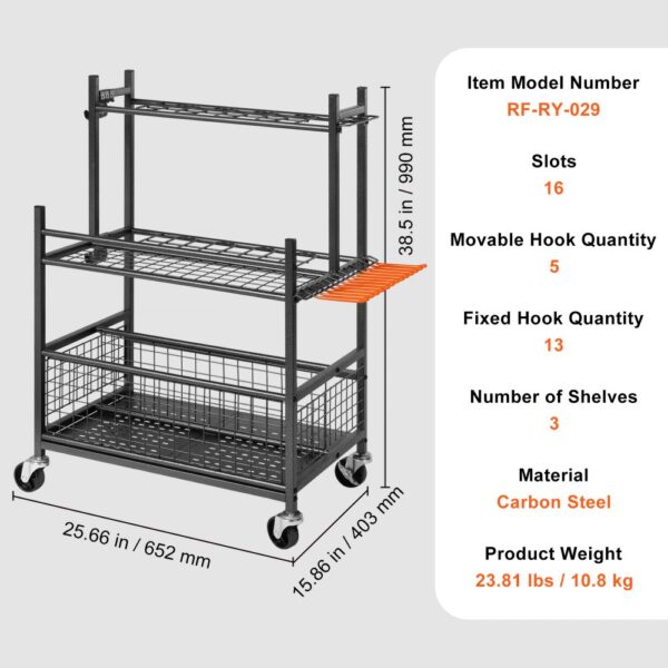 VEVOR garden tool organizer with 3 shelves, 16 slots, 5 movable hooks, and 13 fixed hooks in carbon steel.