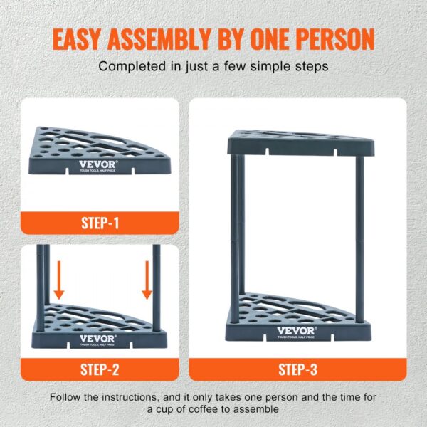 easy assembly of VEVOR garden tool organizer in 3 steps: attach base, insert poles, secure top.