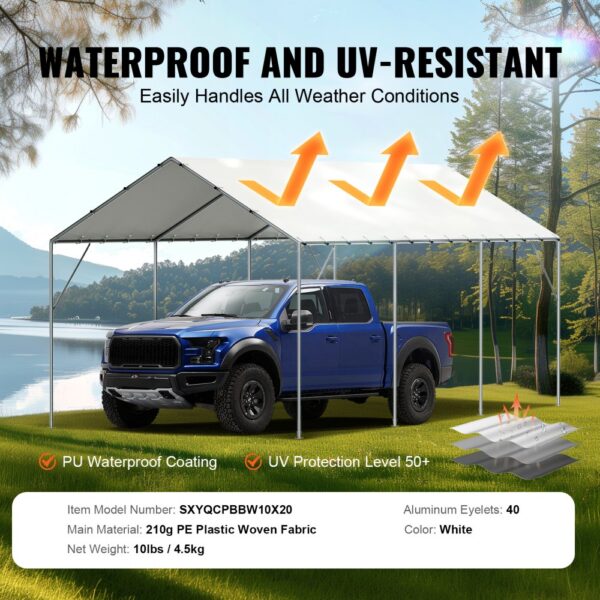 VEVOR carport canopy cover sheltering a blue truck, highlighting its waterproof and uv-resistant features.