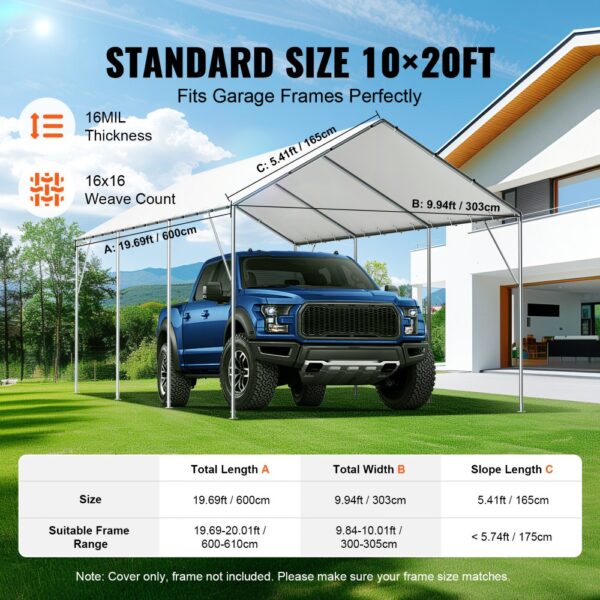 blue truck under a 10x20ft VEVOR carport canopy cover with 16mil thickness and 16x16 weave count.