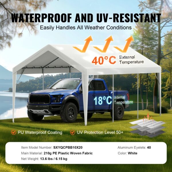 blue truck under VEVOR carport canopy cover with waterproof and uv-resistant features; temperature difference displayed.