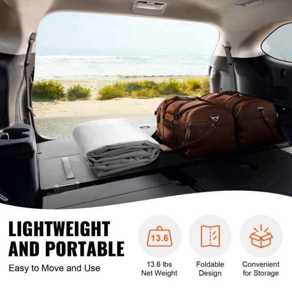 VEVOR carport canopy cover in suv trunk with bags, beach and sea visible through rear window, lightweight.