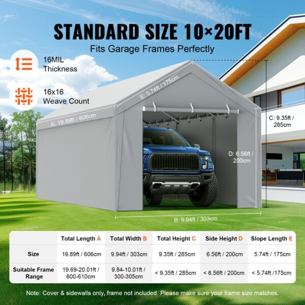 VEVOR carport canopy cover 10x20ft, grey, pe fabric, 16mil thickness, fits garage frames perfectly.