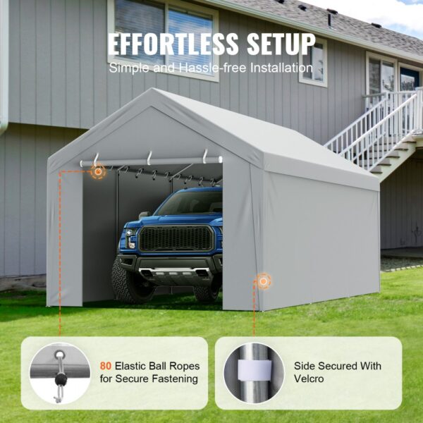 VEVOR carport canopy cover, hassle-free setup with elastic ball ropes and velcro. blue truck inside.