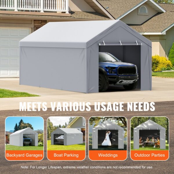 VEVOR carport canopy cover for backyard garages, boat parking, weddings, and outdoor parties.