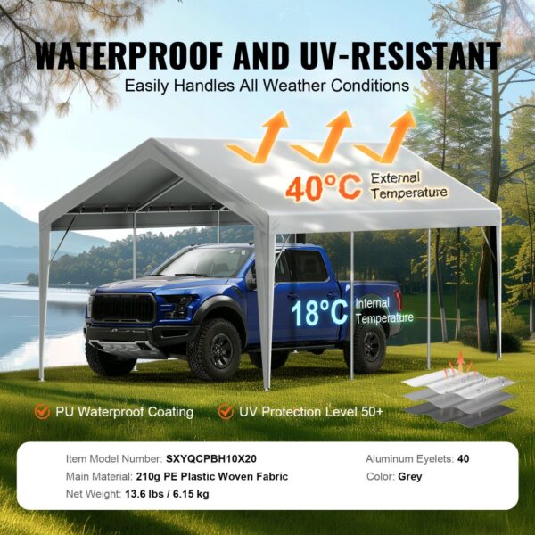 VEVOR carport canopy cover with waterproof and uv-resistant features shelters a blue truck outdoors.