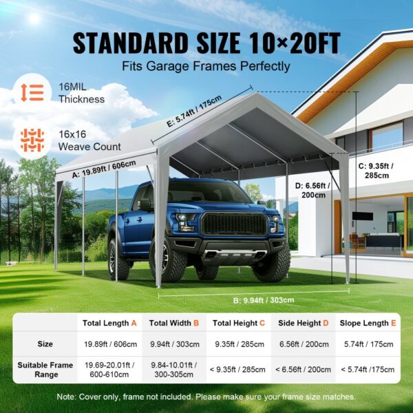 VEVOR carport canopy cover, 10x20ft, fits garage frames, 16mil thickness, 16x16 weave, grey, for trucks.