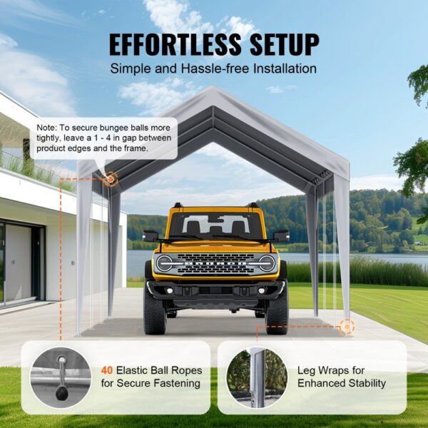 effortless setup of VEVOR carport canopy cover with elastic ball ropes and leg wraps for secure installation.