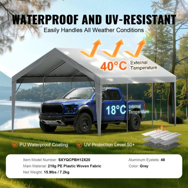 VEVOR carport canopy protecting a truck in a scenic outdoor setting, highlights waterproof and uv-resistant features.