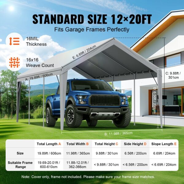 VEVOR carport canopy 12x20ft fits garage frames, blue truck under grey canopy, 16mil thickness, 16x16 weave.