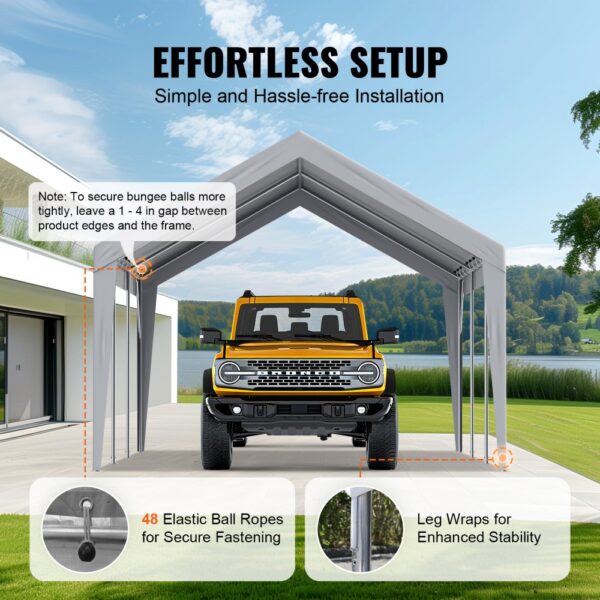 effortless setup of the VEVOR carport canopy with elastic ball ropes and leg wraps for stability.