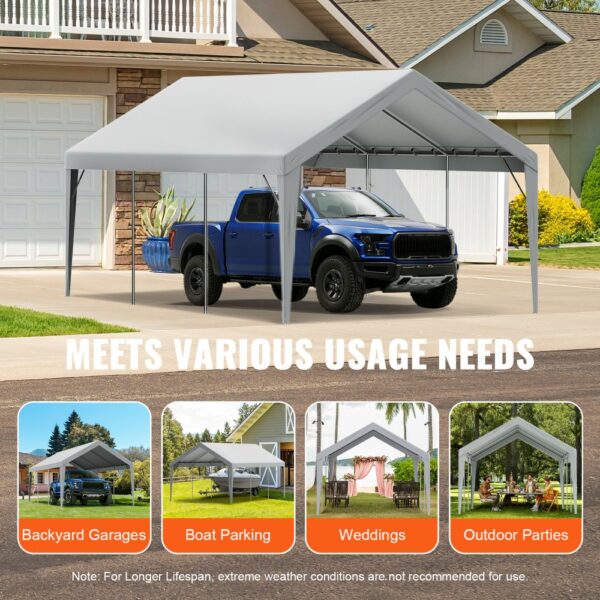 blue truck under VEVOR carport canopy in suburban driveway with usage options for garages, boats, events.