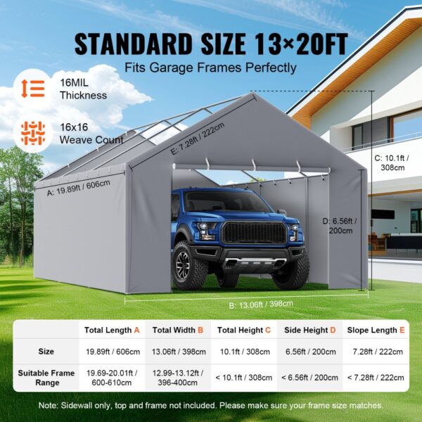 VEVOR carport canopy cover standard size 13x20ft fits garage frames, showing dimensions and materials.