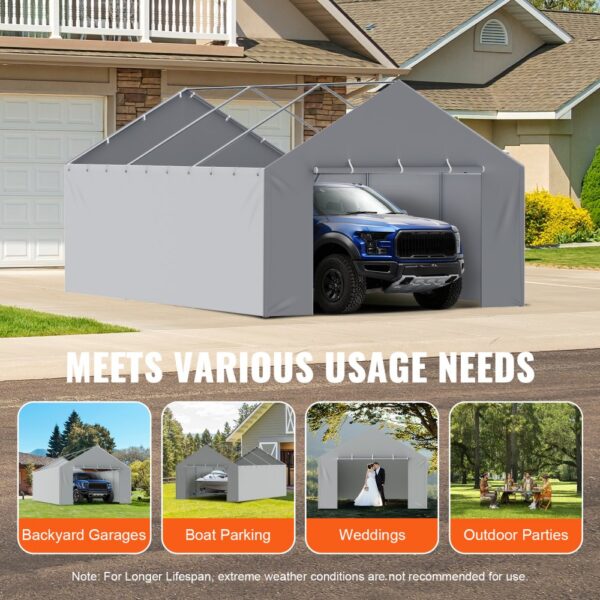 VEVOR carport canopy cover for truck, backyard garages, boat parking, weddings, and outdoor parties.