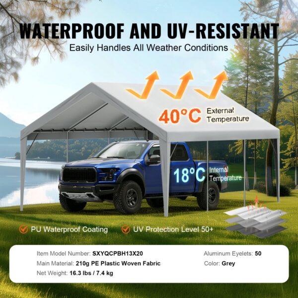 VEVOR carport canopy cover protecting a blue truck from uv rays and high temperatures, keeping it cool.