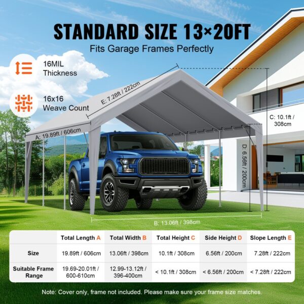 VEVOR carport canopy cover in grey, fits a blue truck, dimensions: 13x20ft, aluminum eyelets, 210g pe fabric.