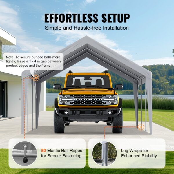 yellow suv under VEVOR carport canopy cover with elastic ball ropes and leg wraps for stability.