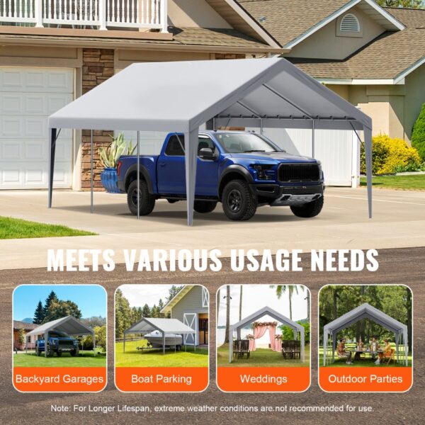 VEVOR carport canopy cover protecting blue truck in driveway, suitable for various uses like garages and parties.