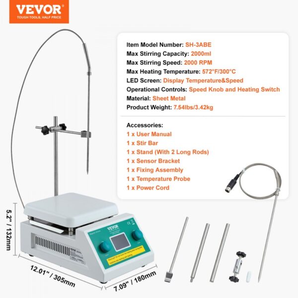 VEVOR Magnetic Stirrer Hot Plate Max 572°F/300°C Hot Plate Stirrer 0-2000 RPM