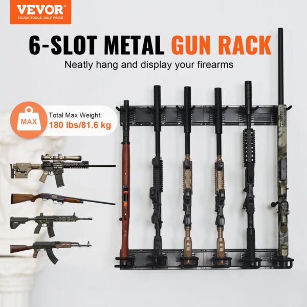 VEVOR gun rack: 6-slot metal rack displaying various firearms against a white background.