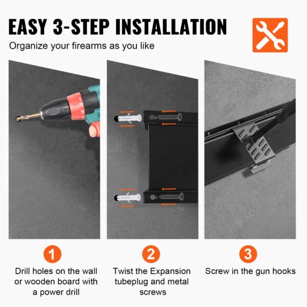 easy 3-step installation guide for VEVOR gun rack: drill, twist screws, and screw in gun hooks.